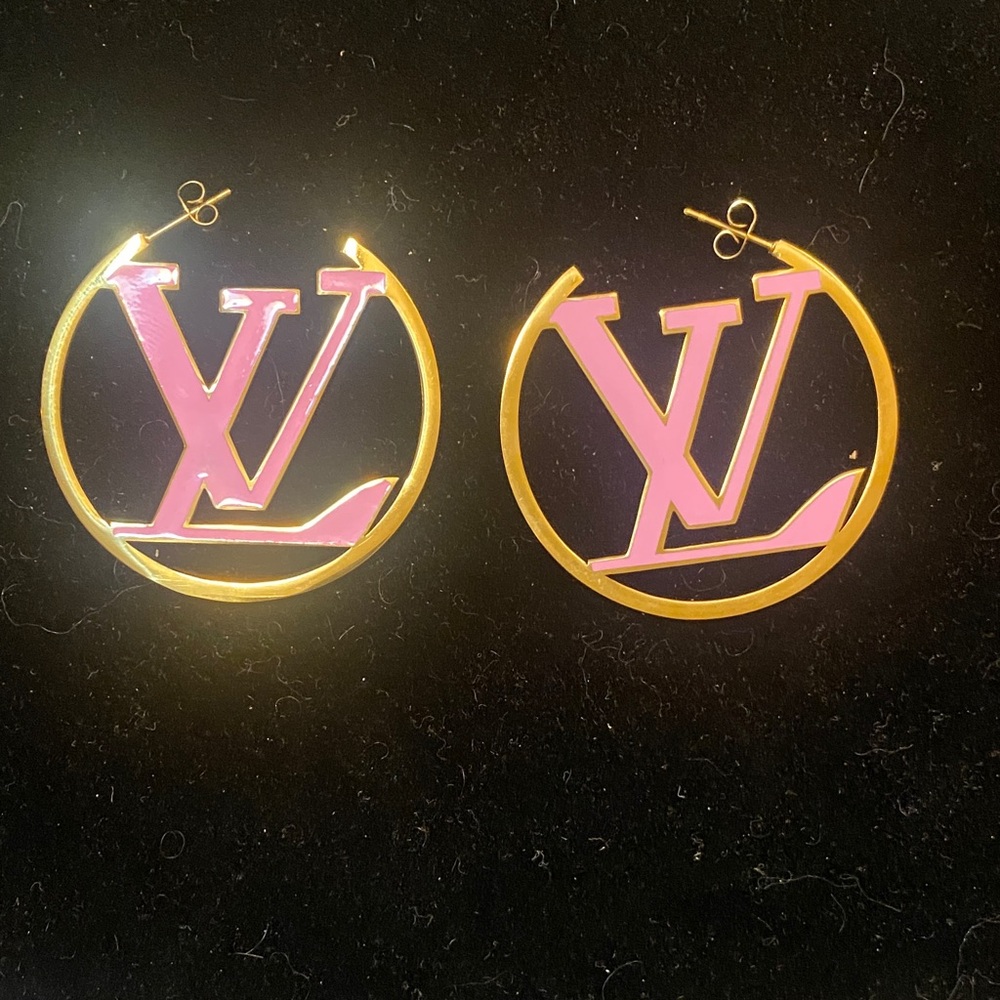 Gold and Pink LV Hoop Earrings